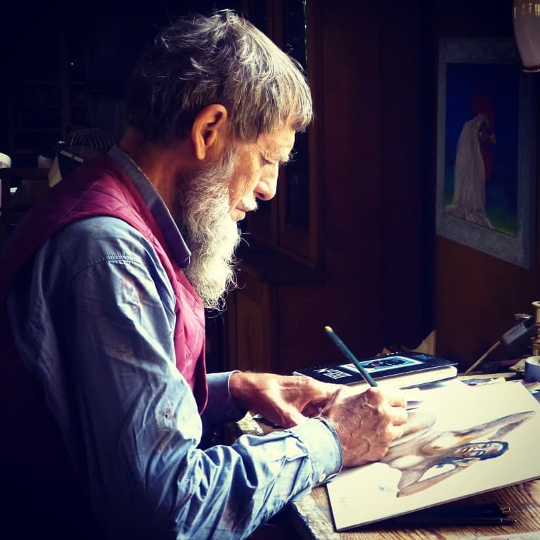 Man creating his first logo long long time ago