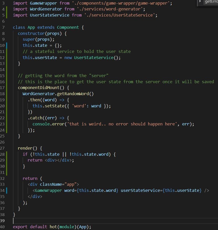 How to Build a ReactJS based Hangman game: App jsx now holds a simple user state, calls the "server" and sets the word to show