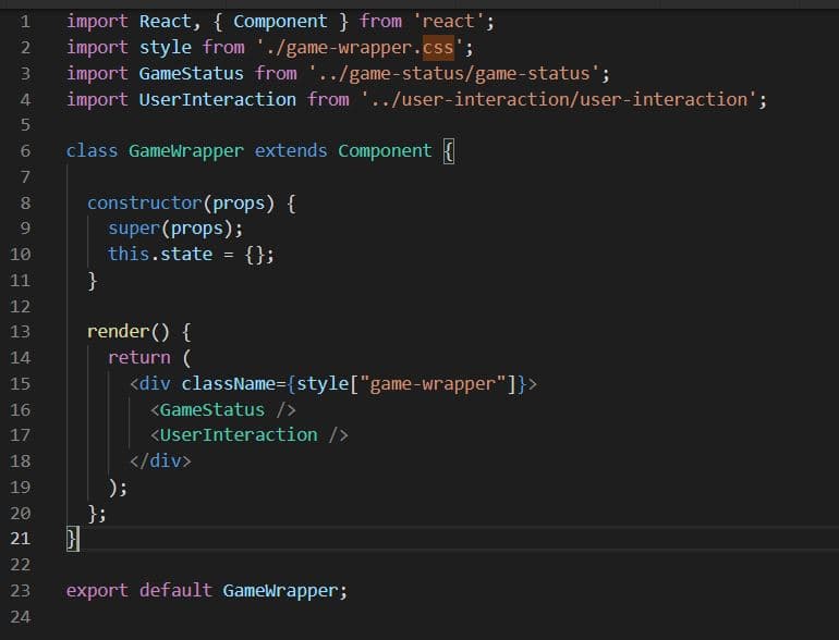 How to Build a ReactJS based Hangman game: Example for the code of a file called game-wrapper.jsx. Part of the Component design for hangman game, using React components. This is the second step on our hands on a step by step react tutorial