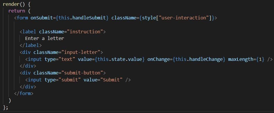 How to Build a ReactJS based Hangman game: User interaction component showing how to use ReactJS forms to submit a single letter