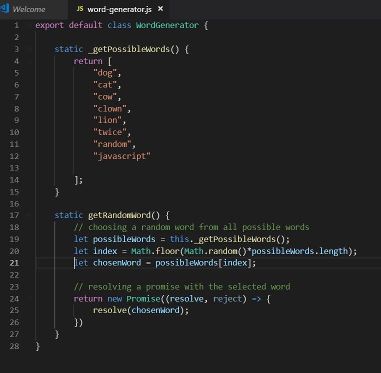 How to Build a ReactJS based Hangman game: Word generator class to return a promise resolved with the selected word